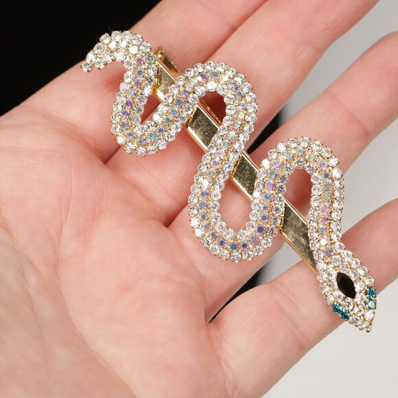 Snake Rhinestone Hair Alligator Clip Gold Crystal Gem Shiny Prom Wedding Glamour - Picture 4 of 8